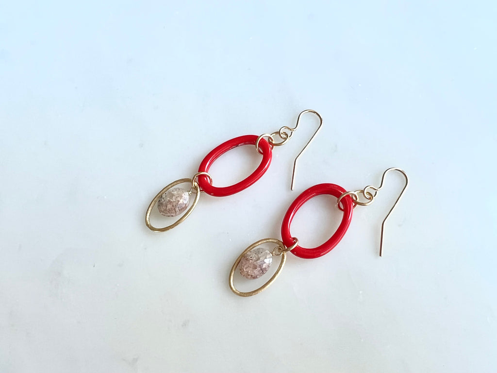 Zircon & Antique Red Bohemian Glass 14K Gold Filled Earrings / ジルコン & アンティーク レッドボヘミアンガラス　ピアス　14K ゴールドフィルド