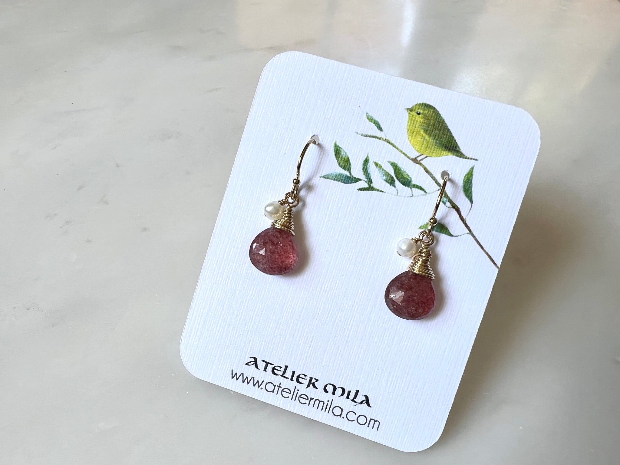 Cherry Quartz Freshwater Pearl Earrings 14K Gold Filled / チェリークォーツ　淡水パール　ピアス　　14K ゴールドフィルド