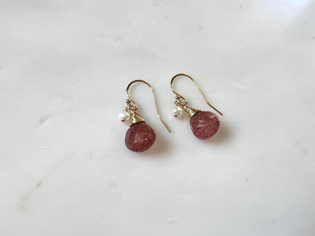 Cherry Quartz Freshwater Pearl Earrings 14K Gold Filled / チェリークォーツ　淡水パール　ピアス　　14K ゴールドフィルド