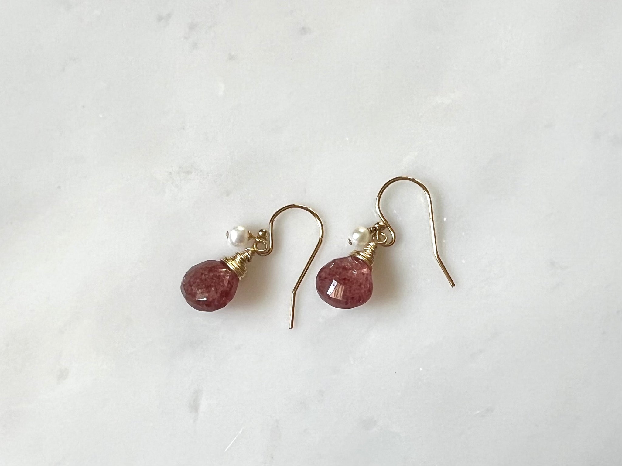 Cherry Quartz Freshwater Pearl Earrings 14K Gold Filled / チェリークォーツ　淡水パール　ピアス　　14K ゴールドフィルド