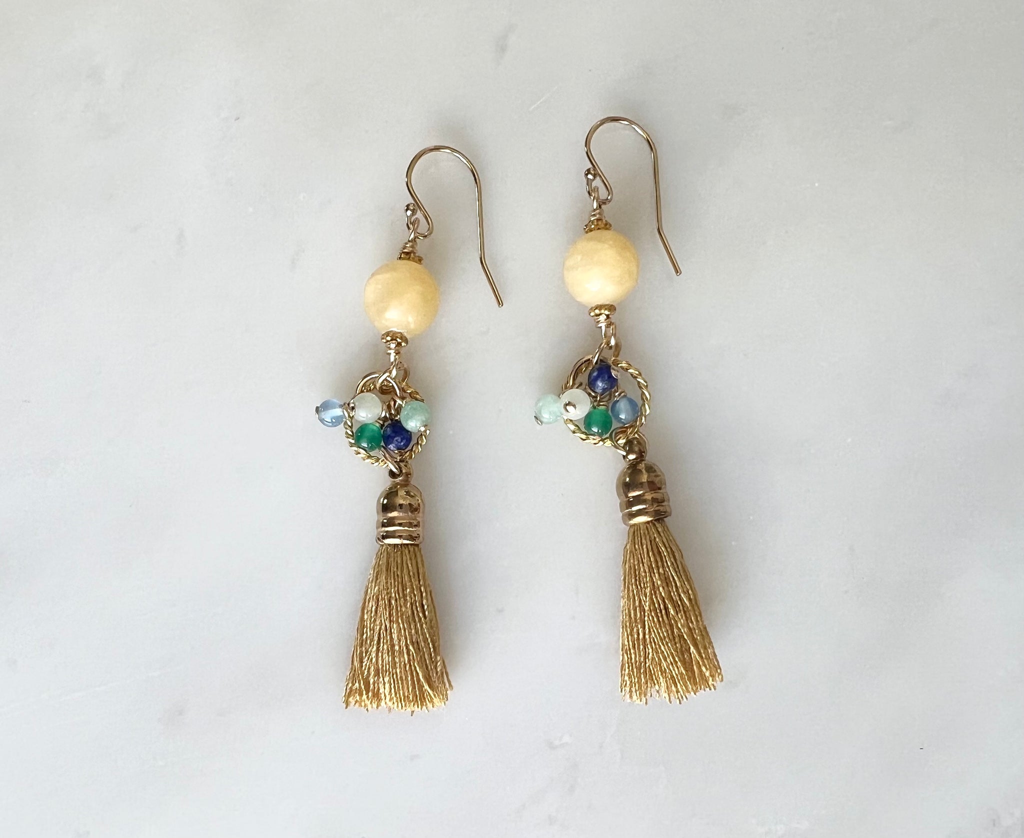 Yellow Jade with Tassel Earrings 14K Gold Filled / イエロージェイド　タッセル付き　ピアス　14K ゴールドフィルド