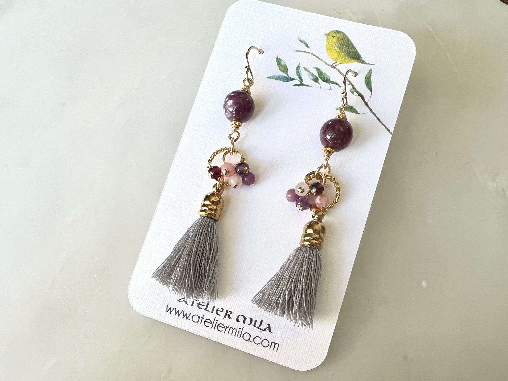 Lepidorite Earrings with Tassel 14K Gold Filled / ラピドライト　タッセル付き　ピアス 14K ゴールドフィルド