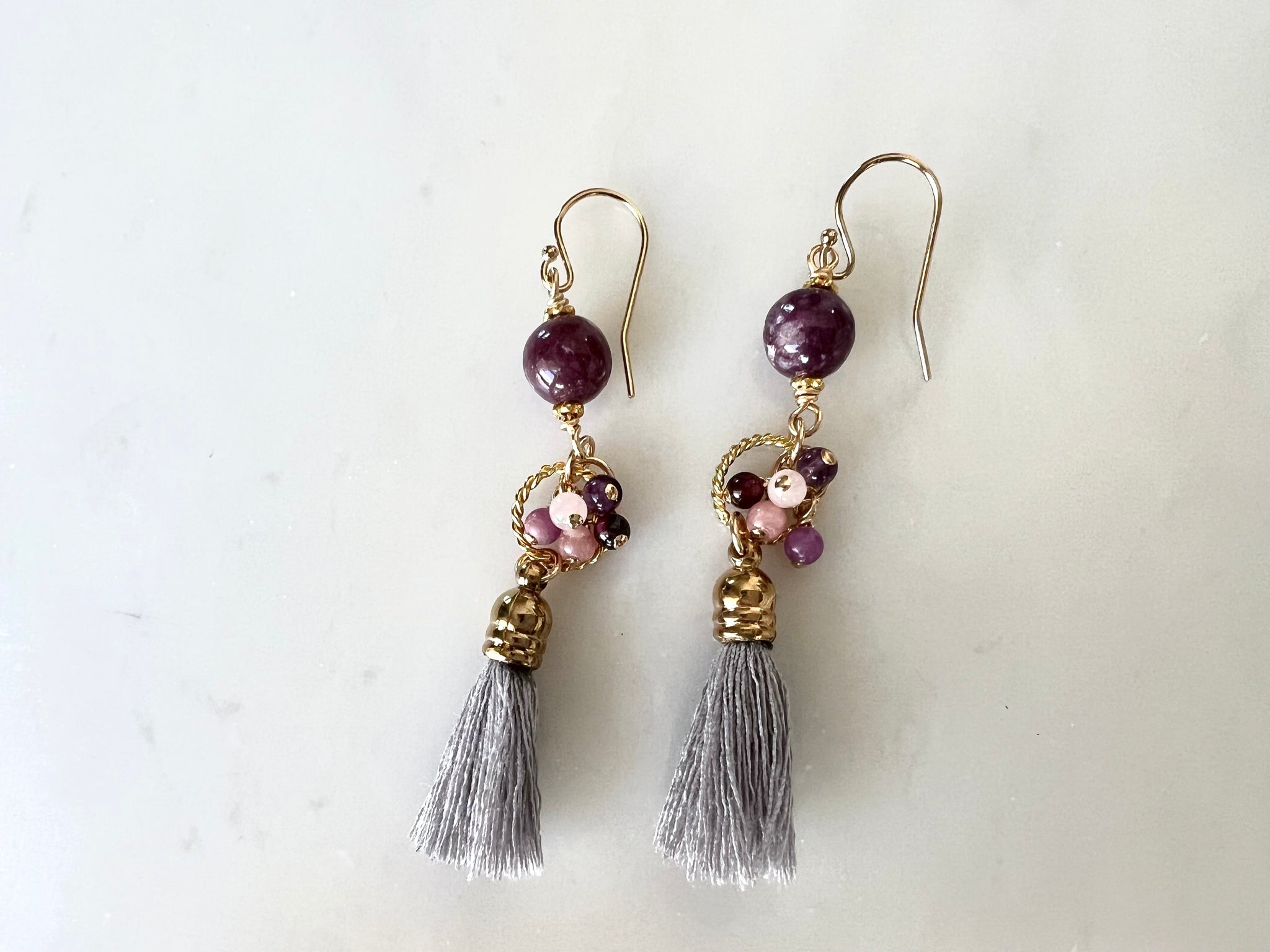 Lepidorite Earrings with Tassel 14K Gold Filled / ラピドライト　タッセル付き　ピアス 14K ゴールドフィルド