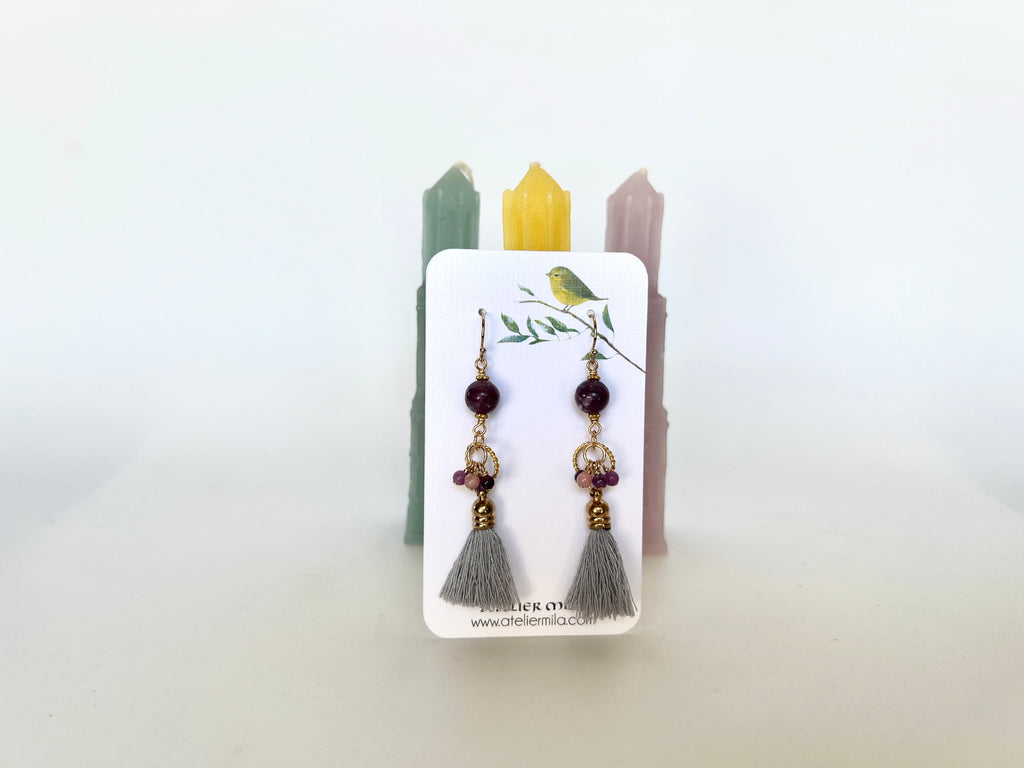 Lepidorite Earrings with Tassel 14K Gold Filled / ラピドライト　タッセル付き　ピアス 14K ゴールドフィルド