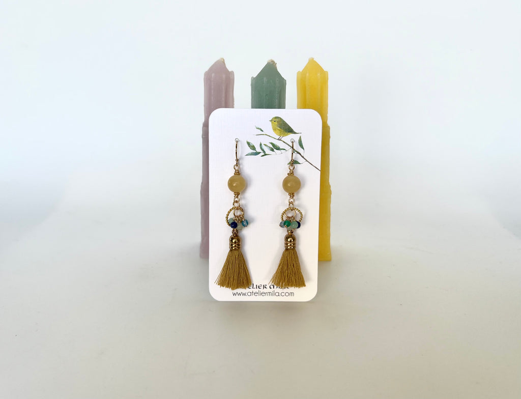 Yellow Jade with Tassel Earrings 14K Gold Filled / イエロージェイド　タッセル付き　ピアス　14K ゴールドフィルド