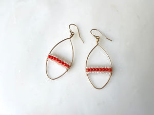 Seed Pearl Red Coral Oval Shaped Earrings 14K Gold Filled / シードパール　コーラル　オーバル型　ピアス　14K ゴールドフィルド
