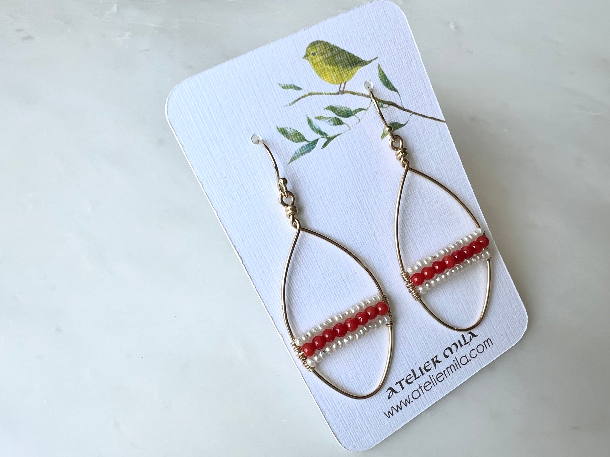 Seed Pearl Red Coral Oval Shaped Earrings 14K Gold Filled / シードパール　コーラル　オーバル型　ピアス　14K ゴールドフィルド