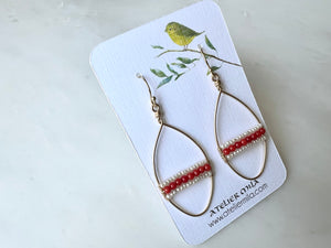 Seed Pearl Red Coral Oval Shaped Earrings 14K Gold Filled / シードパール　コーラル　オーバル型　ピアス　14K ゴールドフィルド