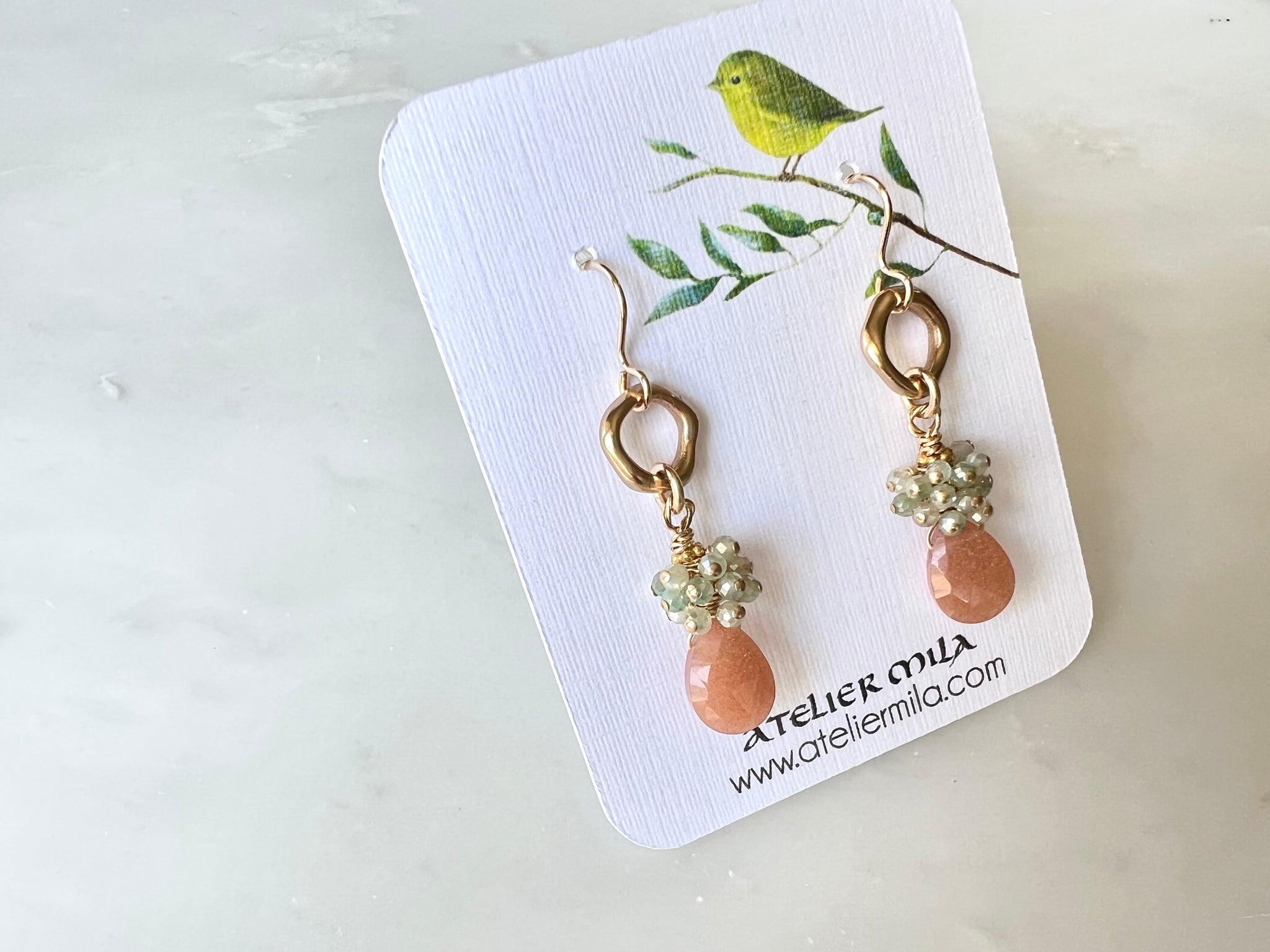Peach Moonstone Green Quartz Drop Earrings 14K Gold Filled / ピーチムーンストーン　グリーンクォーツ　ドロップ　ピアス　14K ゴールドフィルド