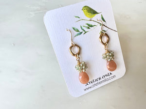 Peach Moonstone Green Quartz Drop Earrings 14K Gold Filled / ピーチムーンストーン　グリーンクォーツ　ドロップ　ピアス　14K ゴールドフィルド