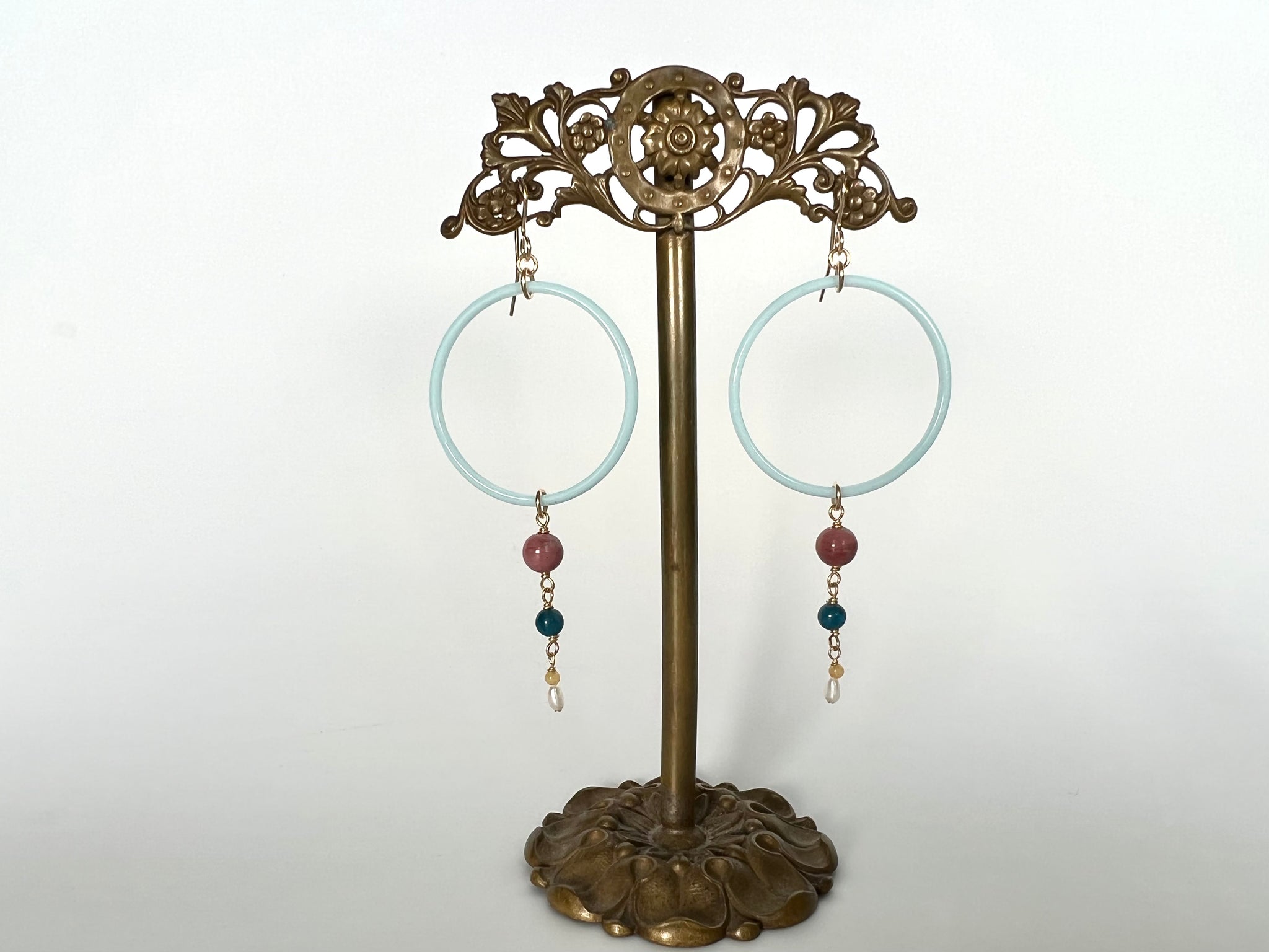 Antique Bohemian Glass & Rhodonite Earrings 14K Gold Filled / アンティーク　ボヘミアンガラス & ロードナイト　ピアス　14K ゴールドフィルド