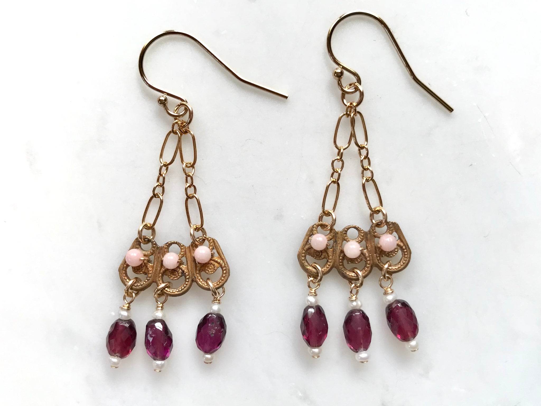 Garnet  Pink Coral  Earrings 14K Gold Filled  / ガーネット　ピンクコーラル　ピアス 14K ゴールドフィル