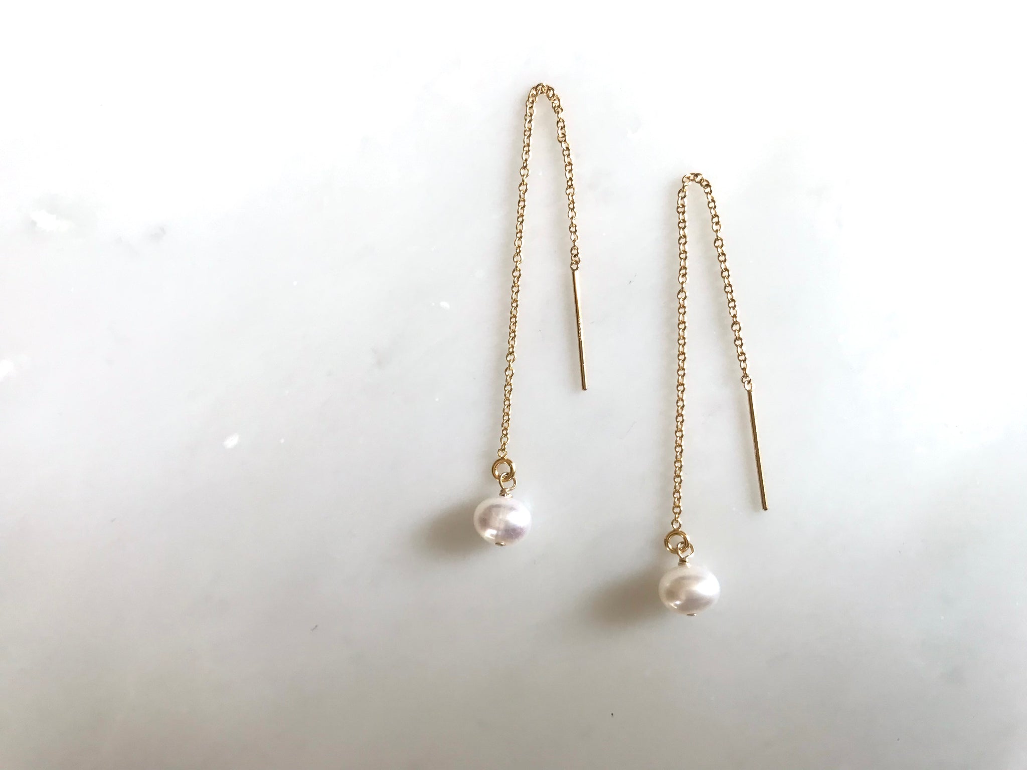 Fresh Water Pearl White Thread Earrings 14K Gold-Filled / 淡水パール ホワイト　スレッド　ピアス　14K ゴールドフィルド