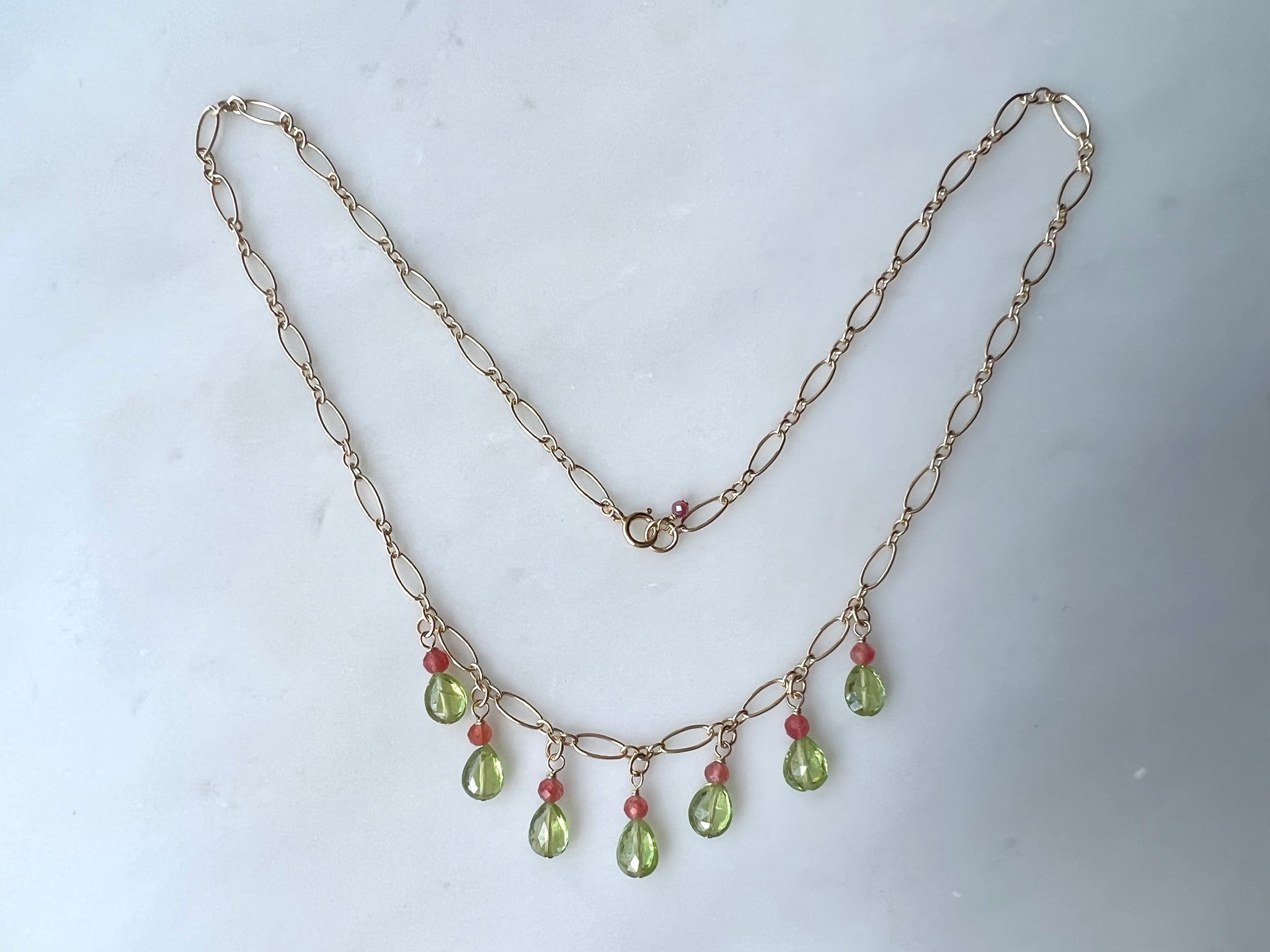 Peridot & Pink Quartz Necklace 14K Gold Filled / ペリドット