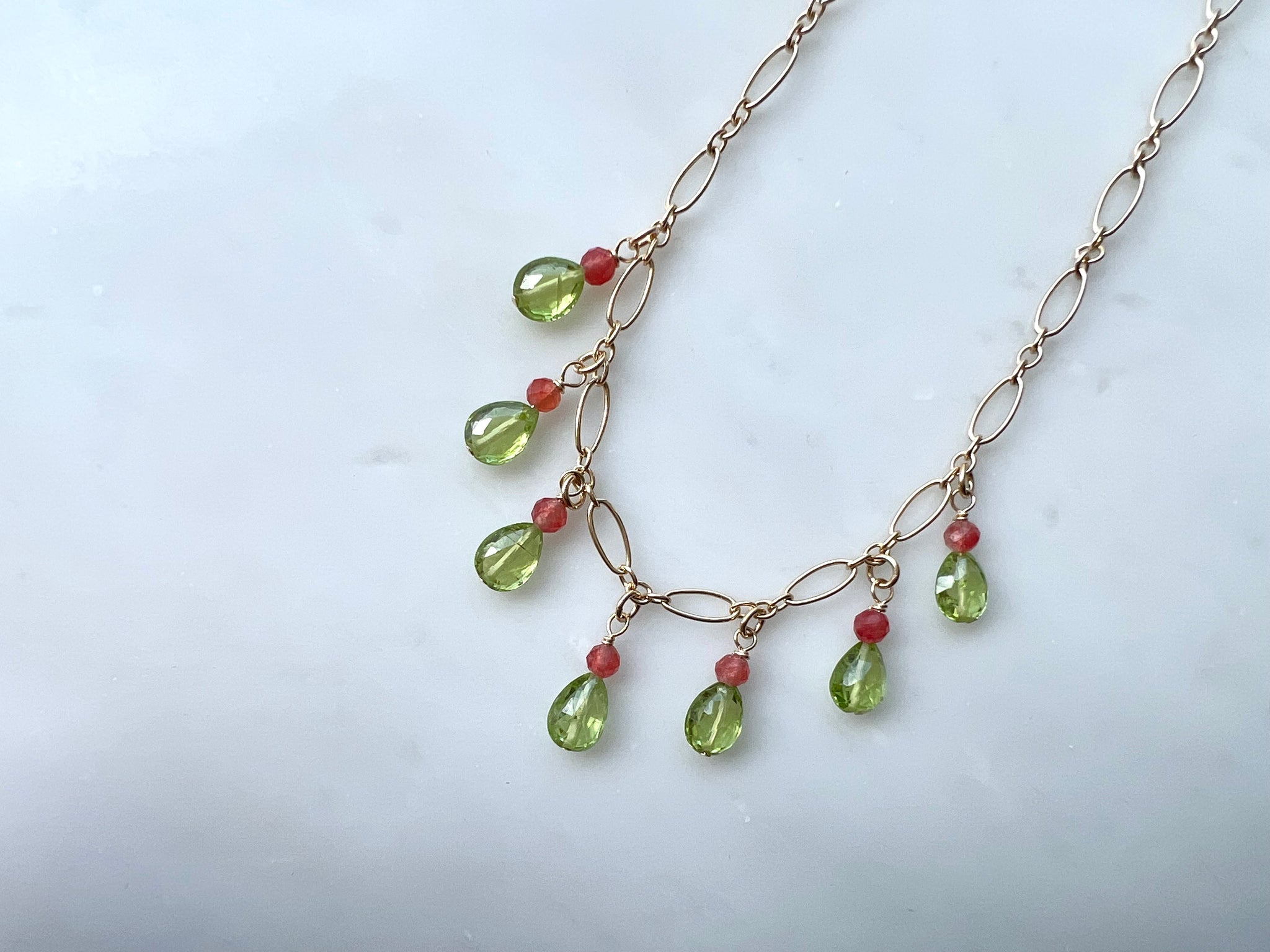 Peridot & Pink Quartz Necklace 14K Gold Filled / ペリドット